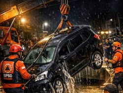 Mobil Hanyut Tersangkut Drainase di Sukarame, Berhasil Dievakuasi BPBD Bandar Lampung